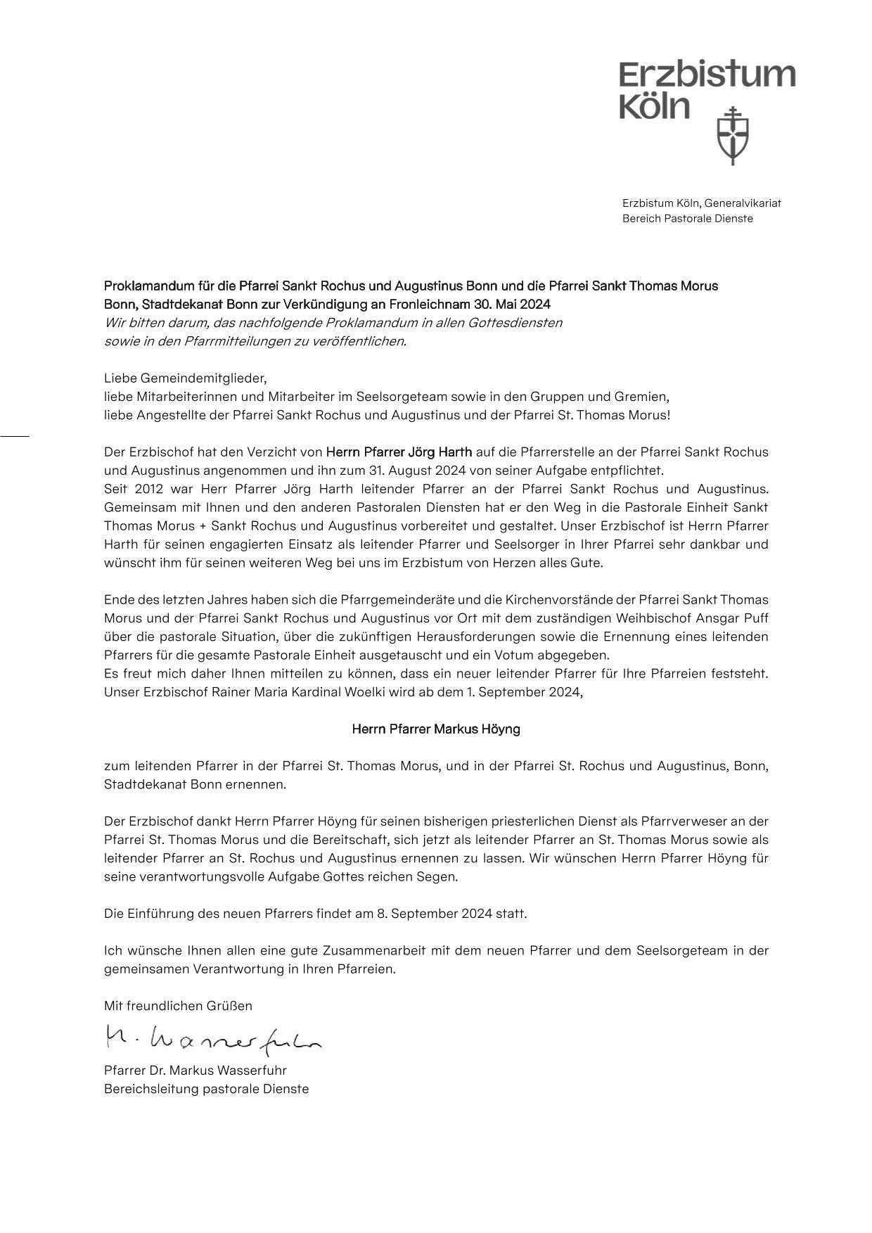 Ernennung des neuen leitenden Pfarrers